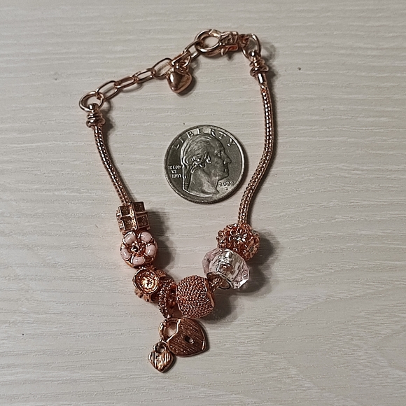 Rose Gold Bracelet Slide Beads Rhinestone Heart Padlock Mesh Snake Chain - Picture 6 of 7